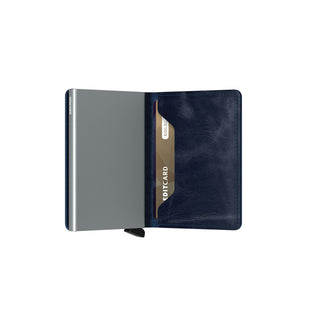 Secrid Slimwallet Vintage showing blue European cowhide leather interior with credit card slot open