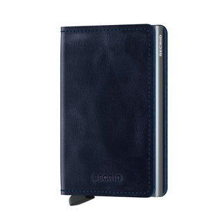 Secrid Slimwallet Vintage in navy blue European cowhide leather with embossed SECRID logo visible