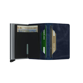 Secrid Slimwallet Vintage with navy European cowhide and metal card protector open display