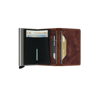 Secrid Slimwallet Vintage brown European cowhide leather wallet open with cards and banknotes visible