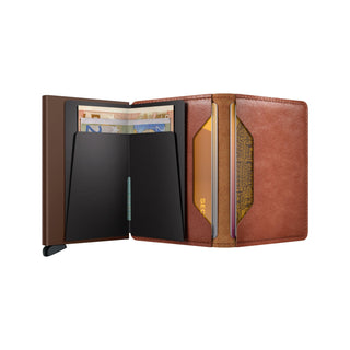 Secrid Slimwallet Vintage in brown cowhide leather with card slots and black aluminum card protector open angle