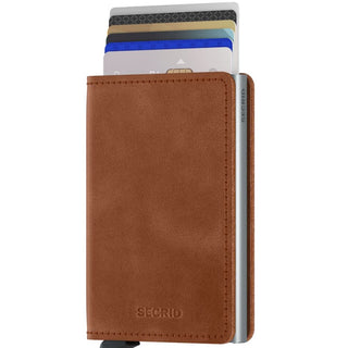 Secrid Slimwallet Vintage in brown European cowhide leather holding multiple cards fanned out