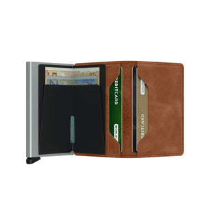 Secrid Slimwallet Vintage open showing brown European cowhide leather and card compartments with cash inside