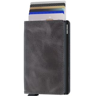 Secrid Slimwallet Vintage with textured dark brown European cowhide and visible card fanning mechanism
