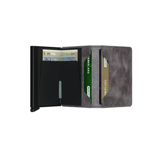 Secrid Slimwallet Vintage in gray leather with card compartments and slick black metal card protector open view
