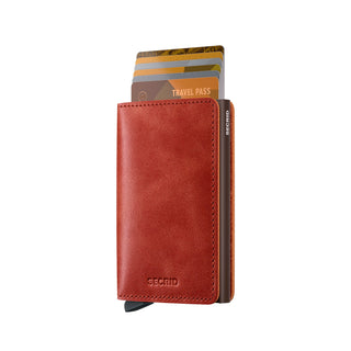 Secrid Slimwallet Vintage with smooth brown European cowhide leather and cards partially ejected from the top