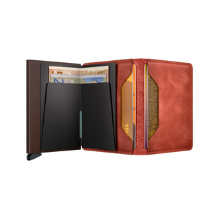 Secrid Slimwallet Vintage in brown European cowhide leather with card slots and cash compartment open view