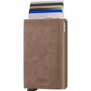Secrid Slimwallet Vintage in soft brown European cowhide showing extended credit cards and slim profile