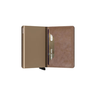 Secrid Slimwallet Vintage in brown European cowhide with card slots and aluminum casing open view