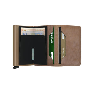 Secrid Slimwallet Vintage open showing brown European cowhide leather and card slots with cash inside