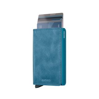 Secrid Slimwallet Vintage in blue European cowhide leather showing cards fanned out from the top