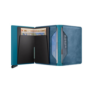 Secrid Slimwallet Vintage in blue leather with card compartments and cash storage open flat view
