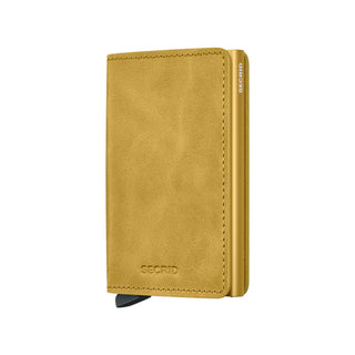 Secrid Slimwallet Vintage in mustard yellow European cowhide leather with embossed logo and metal frame