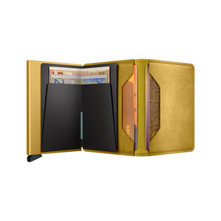 Secrid Slimwallet Vintage in yellow European cowhide leather with card slots and banknote compartment open