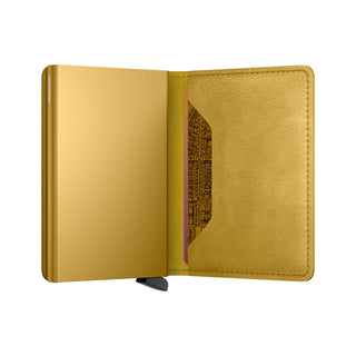 Secrid Slimwallet Vintage with mustard yellow European cowhide and compact cardholder design open view