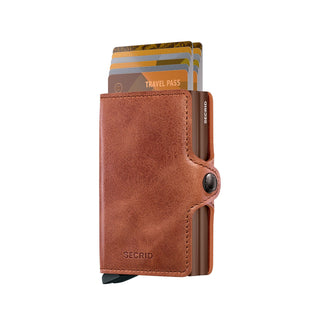 Secrid Twinwallet Vintage in brown European cowhide leather with cards partially extended for display
