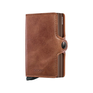 Secrid Twinwallet Vintage in brown European cowhide leather with compact, textured design and secure snap closure