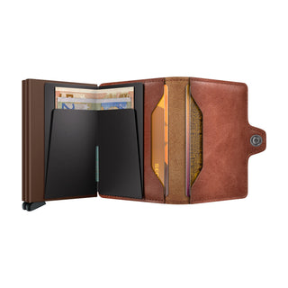 Secrid Twinwallet Vintage with brown European cowhide leather and compact cardholder design open flat