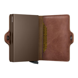 Secrid Twinwallet Vintage with smooth brown European cowhide leather and sleek card protector open view