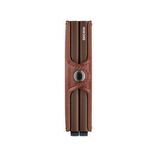 Secrid Twinwallet Vintage with brown European cowhide leather and sleek metal card protector viewed from side