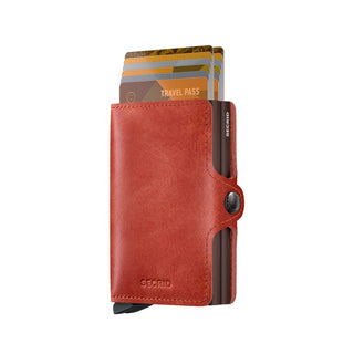 Secrid Twinwallet Vintage in brown European cowhide leather showing card storage and embossed logo
