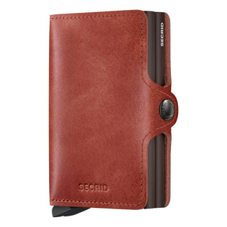 Secrid Twinwallet Vintage in brown European cowhide leather with embossed logo and secure snap button closure