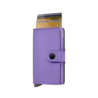 Secrid Miniwallet Yard Powder in microfiber with a secure snap closure and cards partially visible