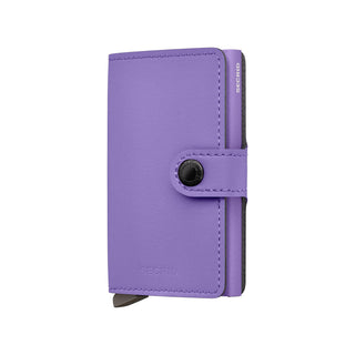 Secrid Miniwallet Yard Powder in purple microfibre featuring a snap button closure and embossed logo
