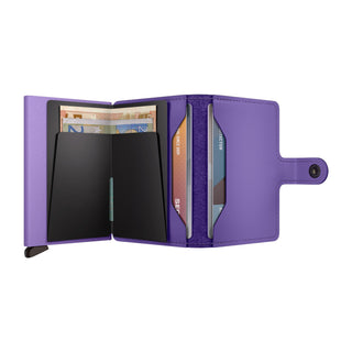 Secrid Miniwallet Yard Powder in purple microfibre, open showing card slots and banknote storage