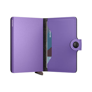Secrid Miniwallet Yard Powder in purple microfiber with secure snap closure and visible card slot interior