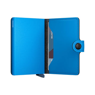 Secrid Miniwallet Yard Powder open showing blue microfibre texture and card slot with click closure
