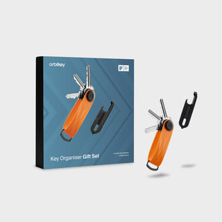 Orbitkey Key Organizer Active + Multi-Tool v2 Set in vibrant orange with black multi-tool and stainless steel keys