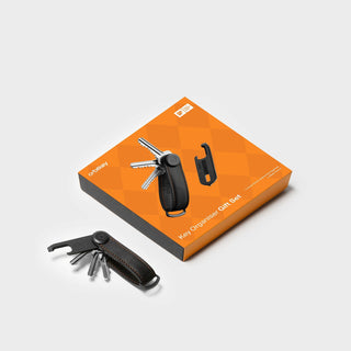 Orbitkey Key Organizer Active + Multi-Tool v2 Set with black leather and stainless steel tools on orange box