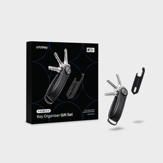 Orbitkey Key Organizer Pro + Multi-Tool v2 Set in black leather with stainless steel keys and tools displayed