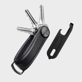 Orbitkey Key Organizer Pro + Multi-Tool v2 Set with black leather and stainless steel keys shown from side angle