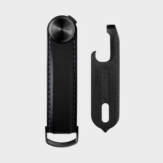 Orbitkey Key Organizer Pro + Multi-Tool v2 Set in black Napa leather with blue stitching and stainless steel tool
