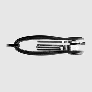 Orbitkey Key Organizer Pro Leather displaying compact black leather and neatly stacked metal keys from top view