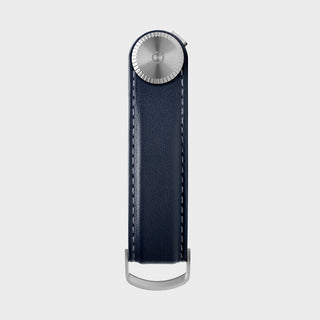 Orbitkey Key Organizer Pro Leather in navy blue with silver clasp and detailed stitching accents
