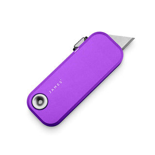 James The Palmer Knife with anodized purple aluminum handle and high carbon steel blade extended