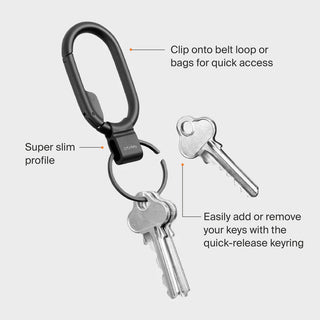 Orbitkey Clip Mini black zinc alloy key holder with quick-release ring holding two keys