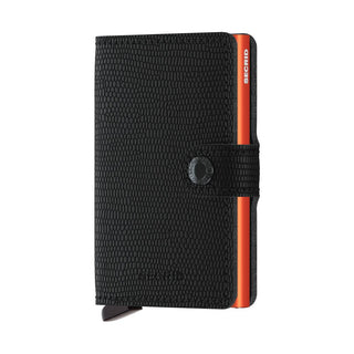 Secrid Miniwallet Rango in black textured European cowhide with orange detail and secure button closure