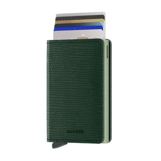Secrid Slimwallet Rango in textured green European cowhide with cards partially ejected from top