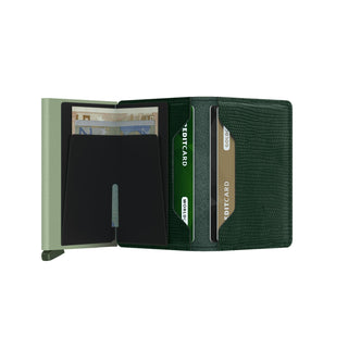 Secrid Slimwallet Rango in green European cowhide with embossed texture holding cards and cash