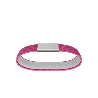 Secrid Moneyband in pink elastic with stainless steel clasp resting flat on white background