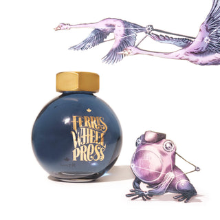 Starlit Stories | 85ml Ink | Ferris Wheel Press dark blue glass bottle with gold cap and whimsical frog illustration