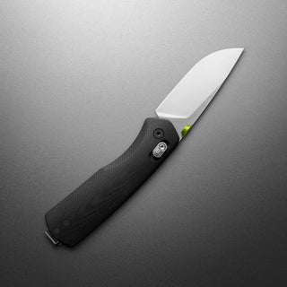 James The Carter Knife with black textured G10 handle and polished stainless steel blade angled open