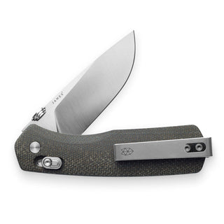 James The Carter Knife with textured Micarta handle and sleek VG-10 steel blade partially open