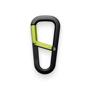 James The Hardin Carabiner with anodized black frame and green spring-loaded latch by The James Brand