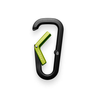 James The Hardin Carabiner featuring anodized green latch and black aluminum body with spring-loaded mechanism