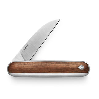 James The Pike Knife with rosewood handle and stainless steel blade partially open on white background